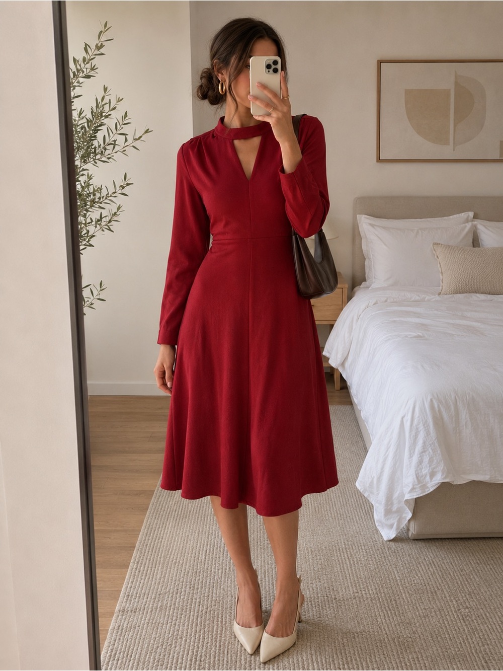 LEWIT Crimson Red Long Sleeve Midi Dress 0 | Elegant V-Neck Flared Silhouette |